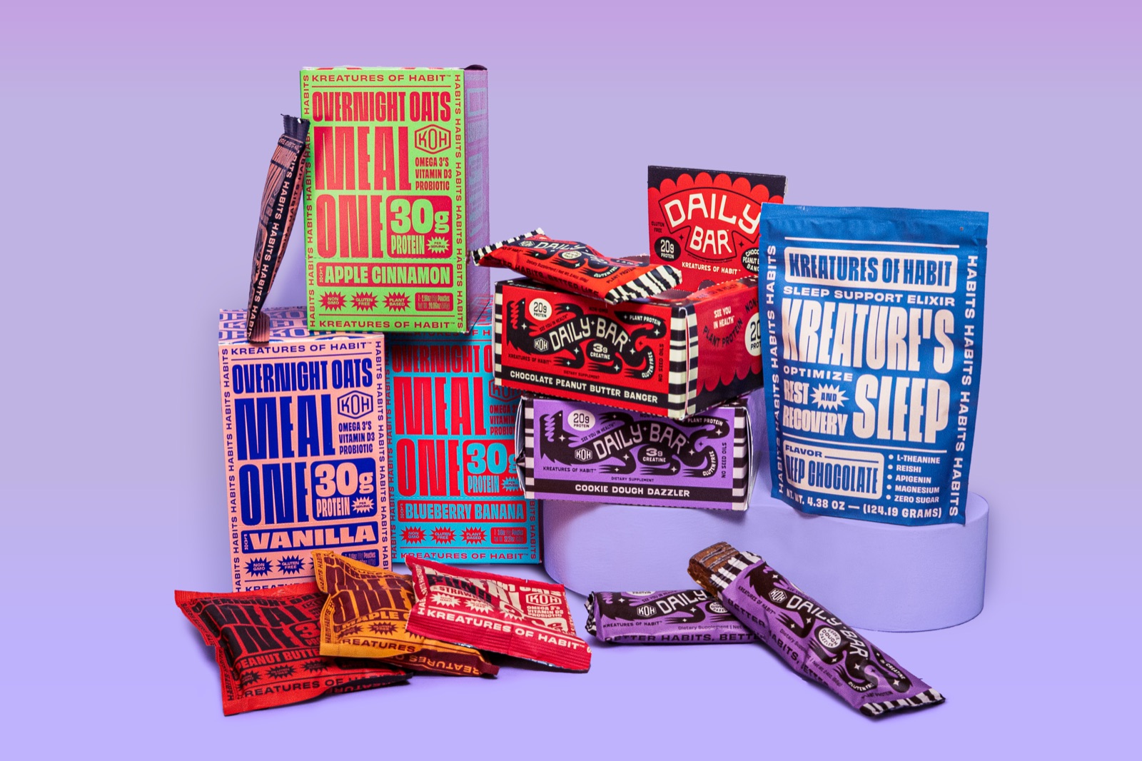 Kreatures of Habit product family — Meal One, Daily Bars, and Sleep